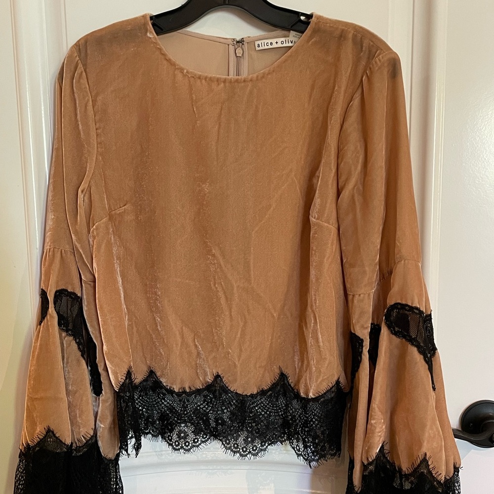 Alice + Olivia Orange/Nude, Black Levine Velvet Bell Sleeve Blouse (Medium)